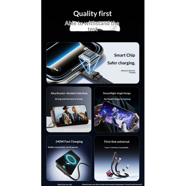 Multi Function 240W Mobile Phone Holder Bracket Data Cable with Pure Copper Super Fast Charging Data Transfer for Type-C