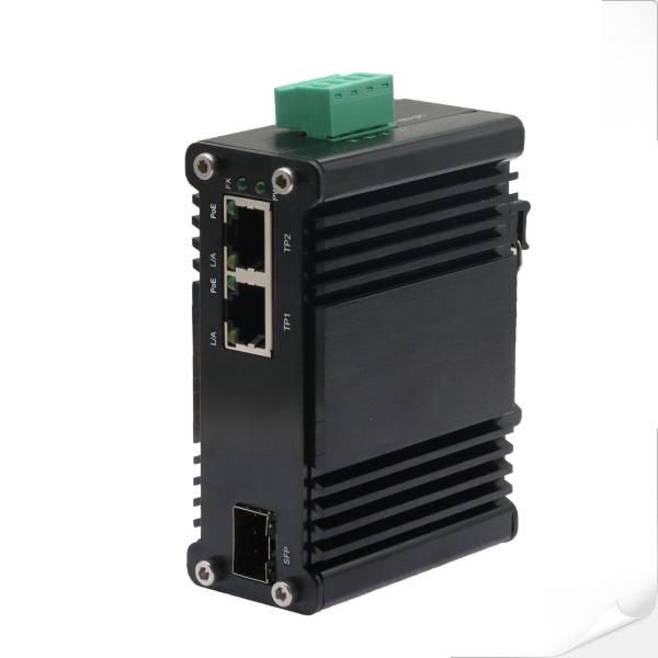 Mini Industrial 1-Port 100/1000X SFP to 2-Port 10/100/1000T 90W PoE++ Media Converter