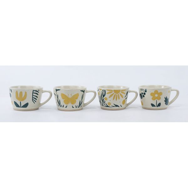 Speckled Yellow Botanical & Butterfly Ceramic Mug Set (4 Nature Art Designs)