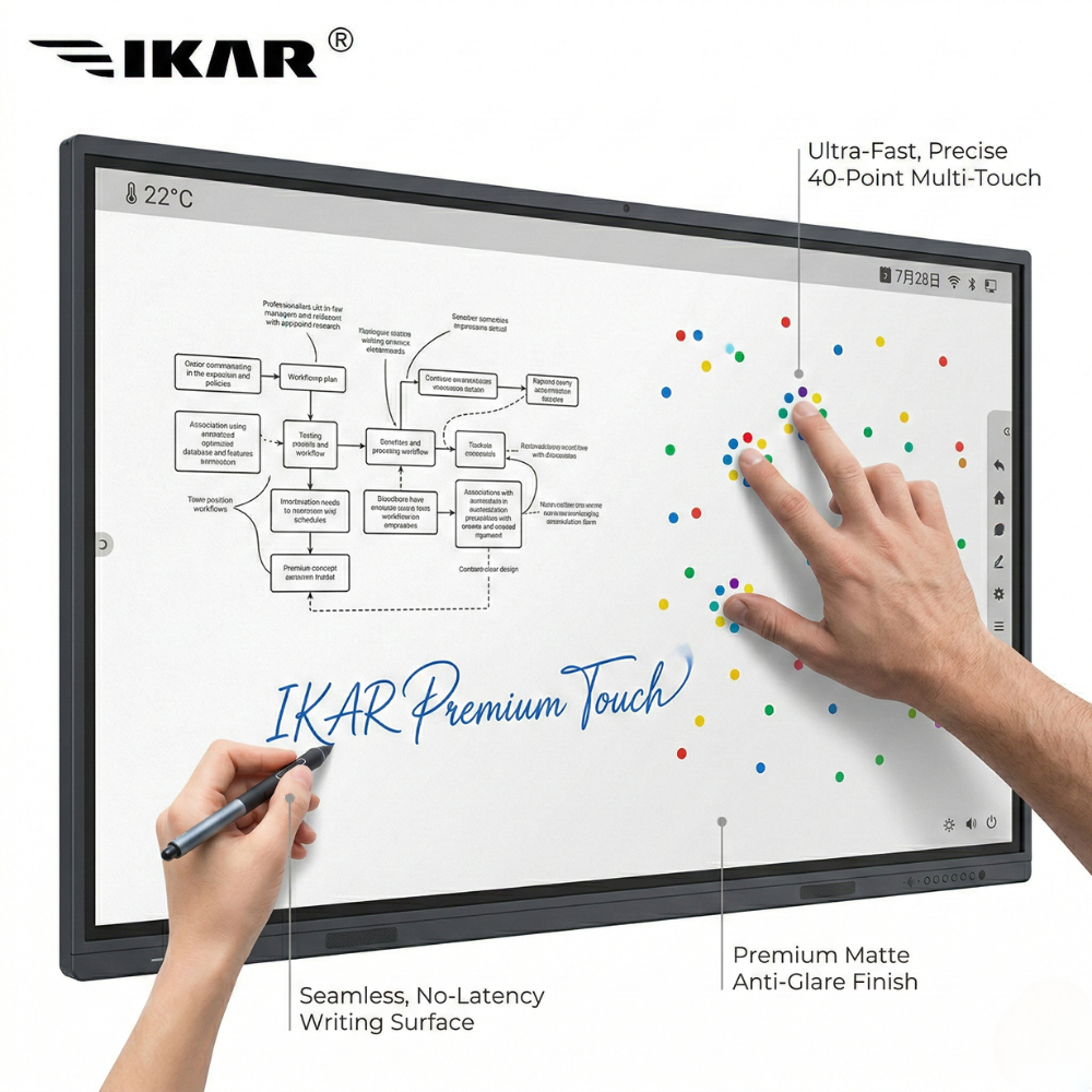65 Inch 4K UHD Interactive Flat Panel IFPD 16+256G Android Windows Touchscreen Smart Whiteboard AI Person Tracking Camera Multi-Touch Electronic Board Display Aluminum Frame