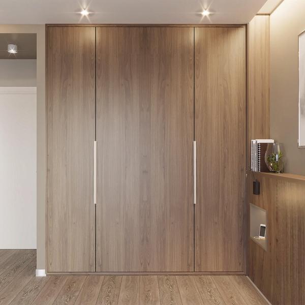 Modern I Shaped Swing Door Wardrobe Wood Texture Timber Veneer With Led Light Luxury Bedroom Closet