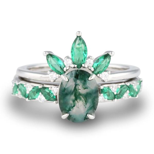 Moss Agate Emerald Ring Set , Anniversary Jewelry Gift Promise Wedding Ring