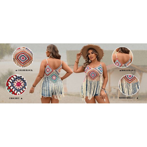 Swimsuit Cover Ups Fashion Accessories Swimsuit Bra Set Crochet Bikini Women's Plus Size Floral Crochet Cami Top Boho Hollow Out Fringe Sleeveless Cover Up Tops
