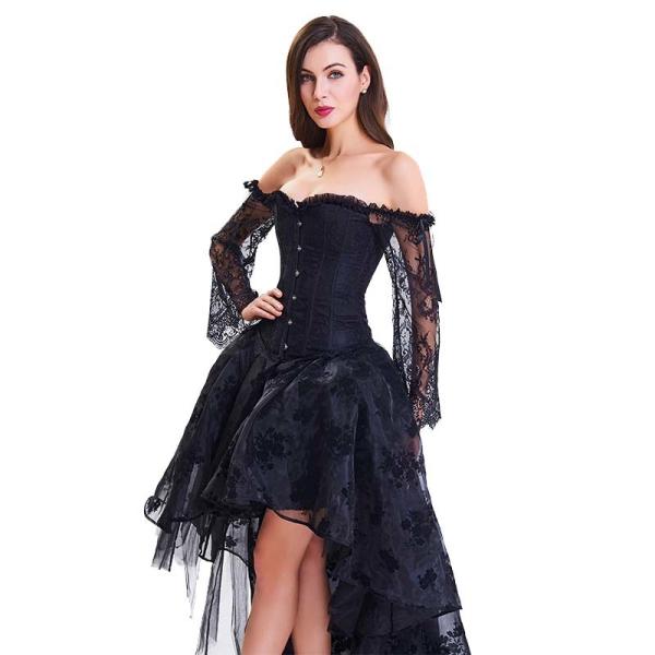 Tamanho S a 2XL de aço do vestido preto desossado do espartilho do laço de Steampunk 9