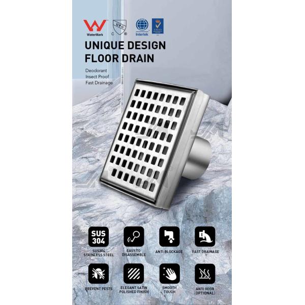 Square Shower Floor Drain Brushed 304 Stainless Steel Material