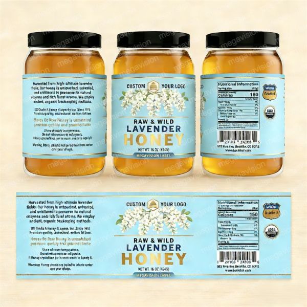 Factory Custom Adhesive Canned Food Honey Bottle Jar Waterproof Stickers Labels Gold Foil Product Packaging Labels