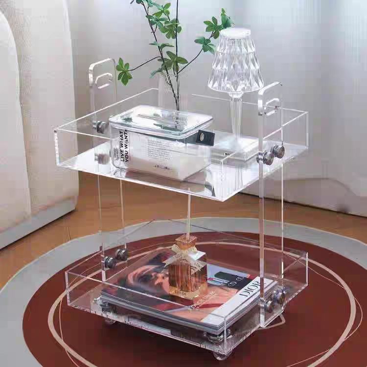 New Design Factory Customized Assembly Rolling Clear Lucite Perspex Food Trolleys Acrylic Storage Carts with Wheels