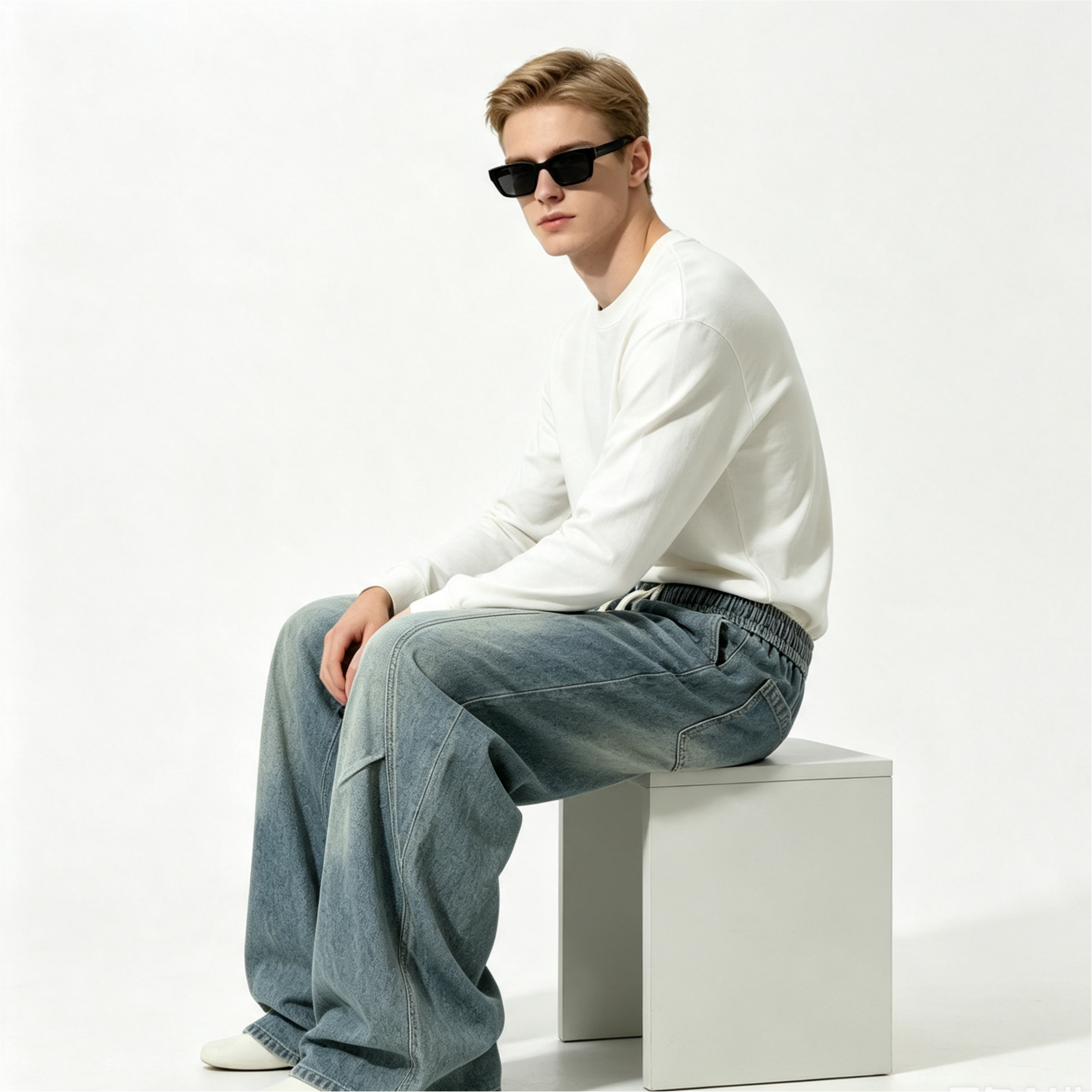Loose Men's Jeans Washed Drawstring Elastic Waist Jeans Wide Leg