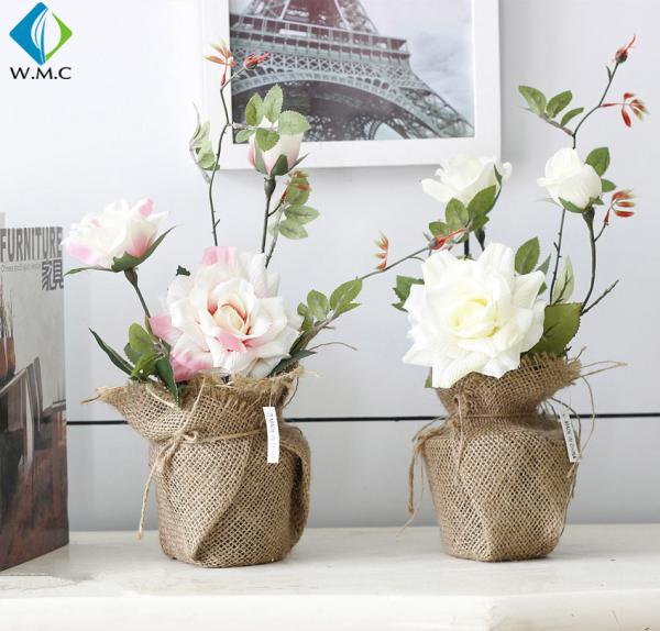 Tabletop Decoration Artificial Green Plants , Linen Bag Potted Fake Rose Plants