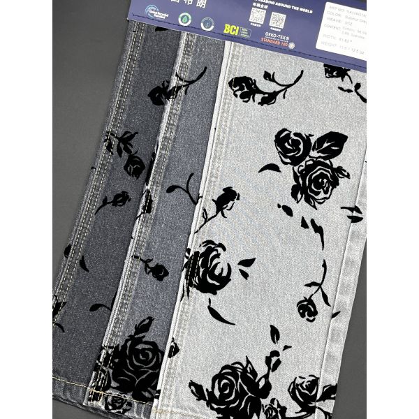 Sulphur Grey Flocked Denim Fabric Rose Woven Denim Fabric 157cm Width
