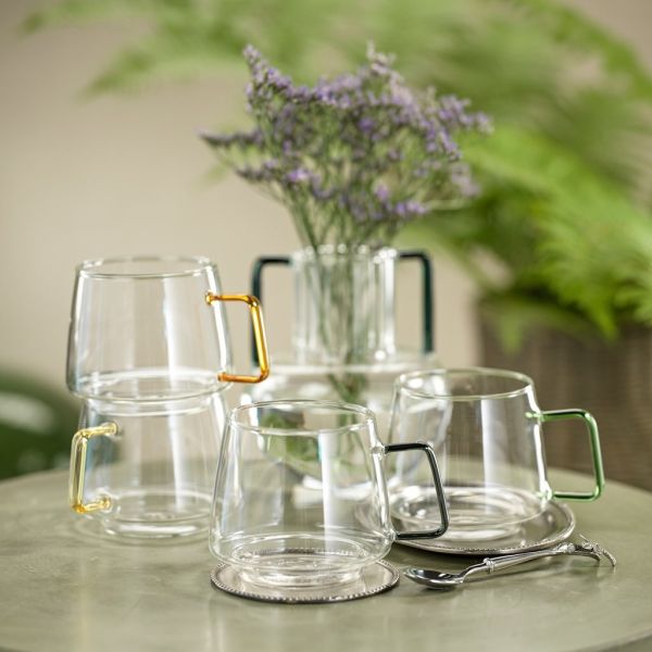 OEM Drinking Glass Tea Cup High Borosilicate Glass Mug With Fully Colored Handles
