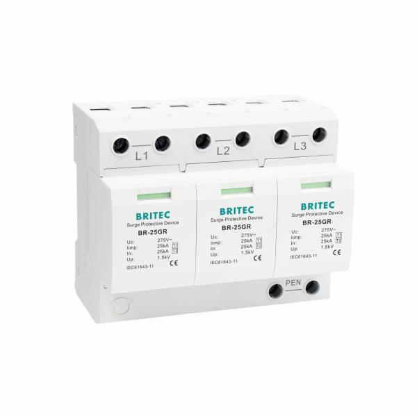 BR-25GR 3P+1 Type 1 Surge Protection Device SPD with 25ka Surge Protection and DIN Rail 35 mm Mounting Three Phase T1/2/3 Lightning and surge arrester