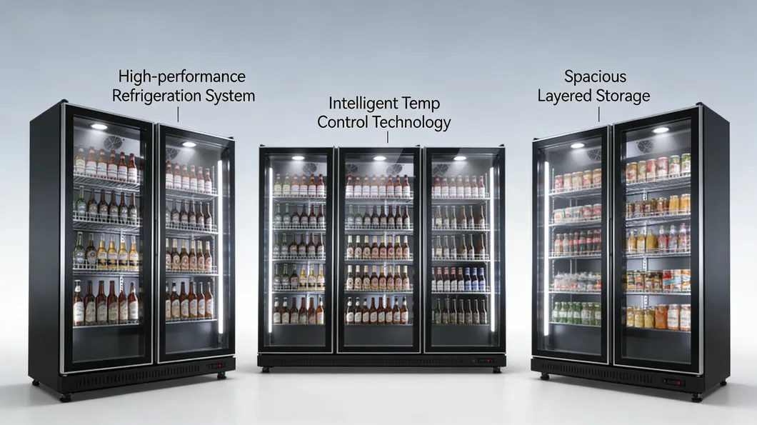 Commercial Double Door Refrigerator Beer Beverage Glass Upright Refrigerated Display Showcase