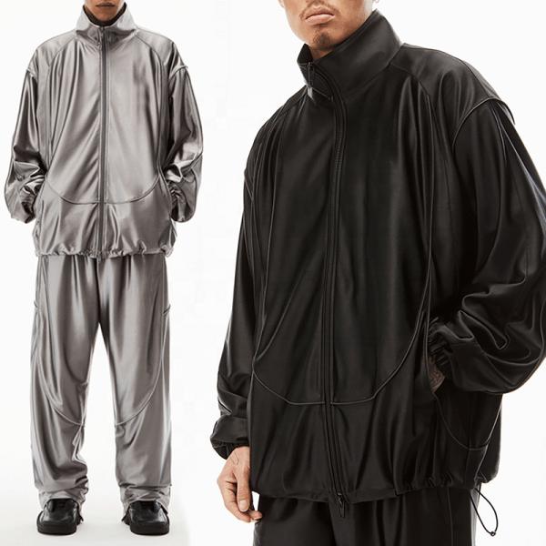 Custom Logo Heavyweght Streetwear Vintage Blank Faux Turtlenecks Leather Set Zip up Jacket Coat Sweatpants Two Piece Sets Men