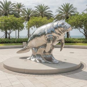 Life Size Outdoor Stainless Steel Manatee Sculpture Mirror Polished Ocean Animal Statue for Plaza Park Seaside Decoration Art