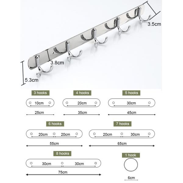 Mirror Chrome Silver Stainless Steel Hat And Coat Hooks Wall Mounted With 8 Hooks
