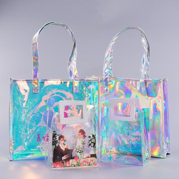 Beach Bag Waterproof Clear Jelly Candy Color Transparent PVC Tote Shopping Bag Custom Logo Pvc Clear Laser Gift Bag For Women Waterproof Transparent Holographic Packaging Summer Beach Pvc Tote