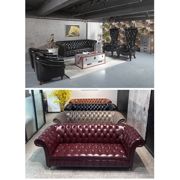Nidea #863 Hot Sale American Industrial Style Art Hotel Cafe Genuine Leather Chesterfield Sofa Set 1 2 3 Seater Combination Living Room