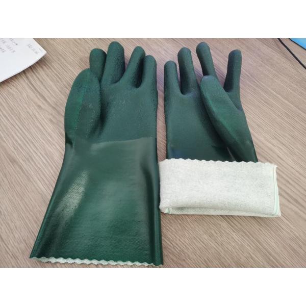 Sandy finished surface 35cm flock cotton lined Dark green waterproof chemcial resistant anti slip Pvc dipped safety work gloves