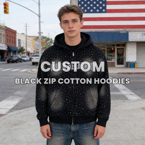 Heavyweight Rhinestone Mens Clothing Streetwear Hip Hop Acid Wash Hoodie for Men Manufacturer Custom Zip up Black Cotton Hoodies