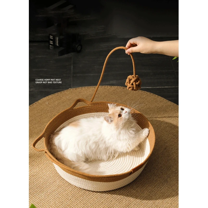 Handmade All-Season Cat Bed Solid Pattern Rattan Woven Pet Nest Winter Warm Removable Washable Pad Scratch Board Small Animals