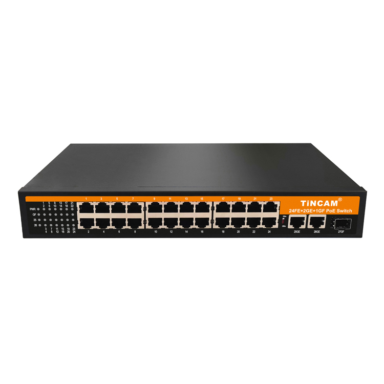 TiNCAM 27 Port PoE Switch 10/100Mbps 24 PoE Ports 2 Gigabit UPLINK 1 SFP Slot 100m/250m Transmission Modes 200W or 300W For IP Camera CCTV Surveillance TBC-PS4524N-3PF