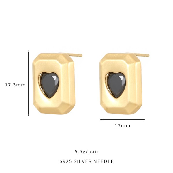 Wholesale Korean Style Trendy Brushed Effect Brass Square Heart CZ Stud Earrings High Quality Gold Silver Plating for Women