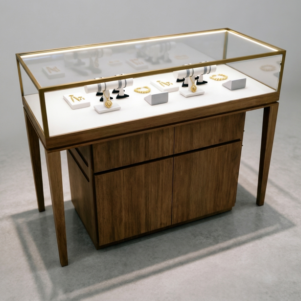 Modern Jewelry Showcase with Tempered Glass Display Case Storage Drawers and Eco-Friendly Island Display Unit