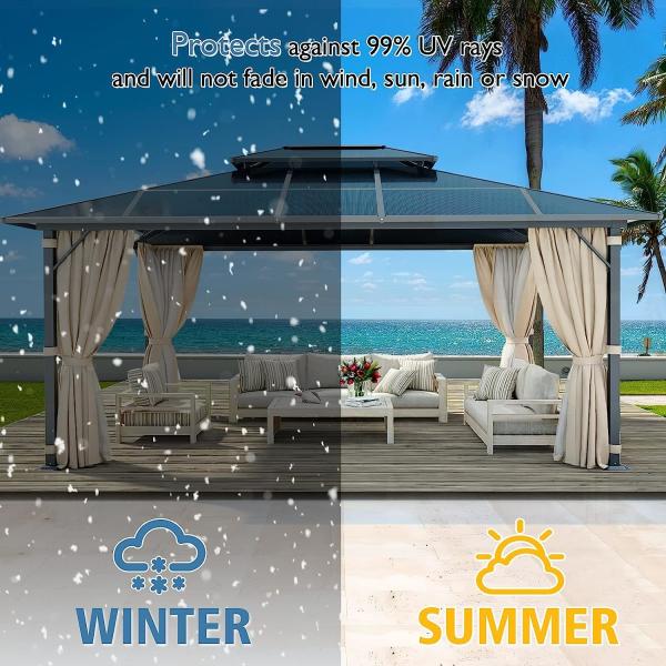 Gazebo Polycarbonate Double Roof Canopy Outdoor Aluminum Frame Pergola, Permanent Pavilion with Netting Curtains