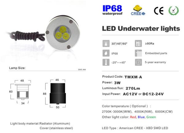 Outdoor Waterproof IP68 Landscape LED underwater lights 3W Poor Fountains light