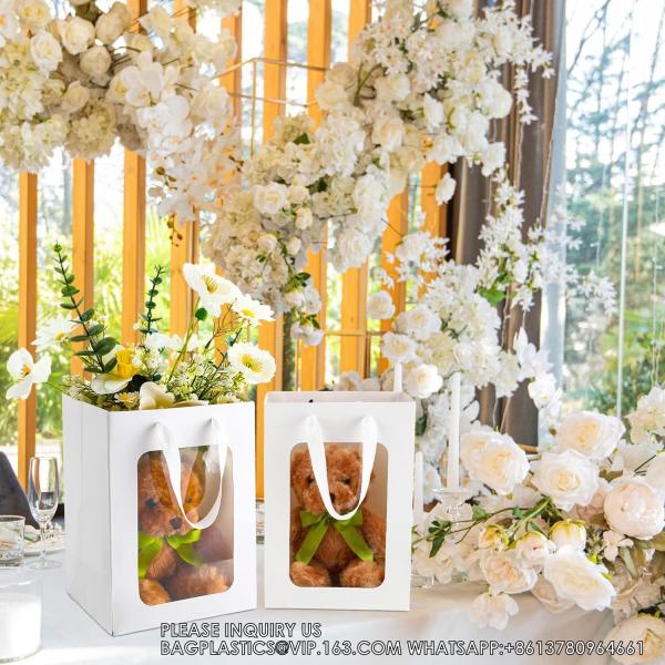 Paper Gift Bags With Clear Window Flower Bouquet Bags for Present Bridal Shower Festivals Party (White)