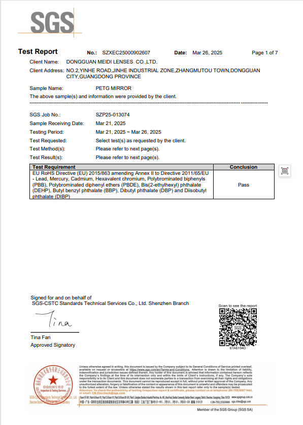 Dongguan Medi Plastic Mirror Co., Ltd. Certifications