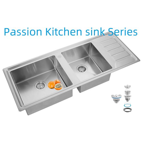 12050 Handmade Kitchen Stainless Steel Doubel Bowl Sink With Drainboard