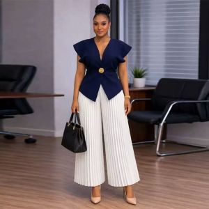 Elegant Women's Two-Piece Set with Pleated Wide-Leg Pants and Structured V-Neck