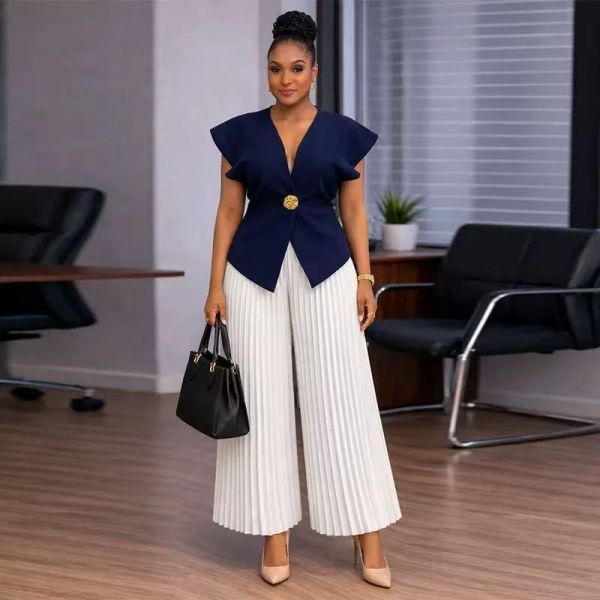Elegant Women's Two-Piece Set with Pleated Wide-Leg Pants and Structured V-Neck Top Featuring Gold Accent Button