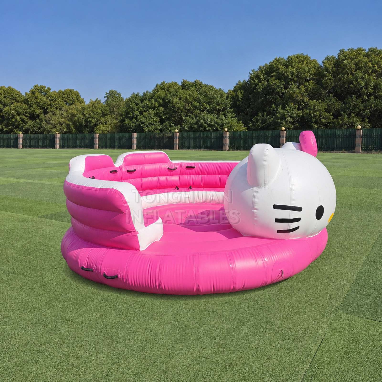 Custom Pink Cartoon Cat Inflatable Towable Boat with Multi Seat Layout Reinforced Handles and D-Rings for Resort Lake Water Sports Rentals
