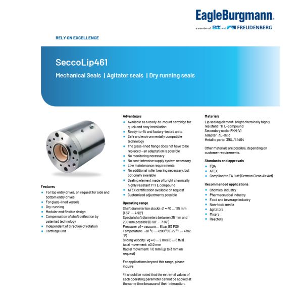 EagleBurgmann SeccoLip461 Reaction Kettle Cartridge Mechanical Seal for Agitator
