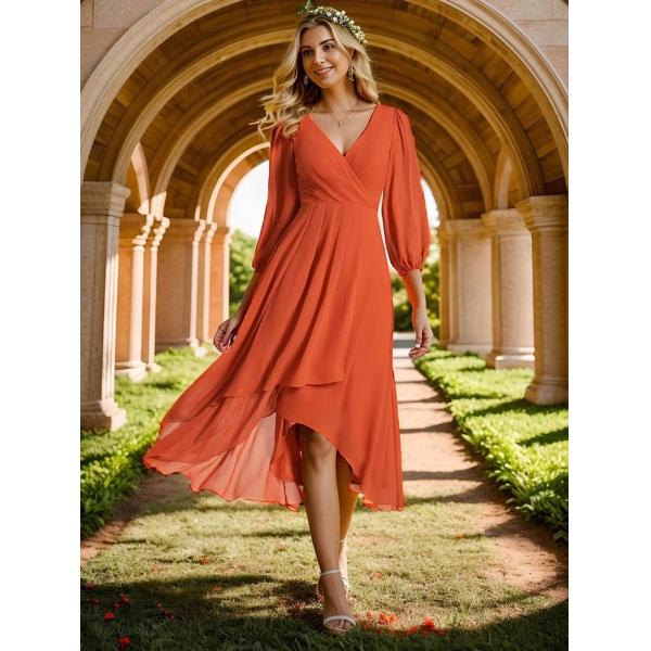 Elegant Empire Long Sleeve V-neck High Low A-line Ruffled Midi Dark Purple Chiffon Wedding Guest Cocktail Dress