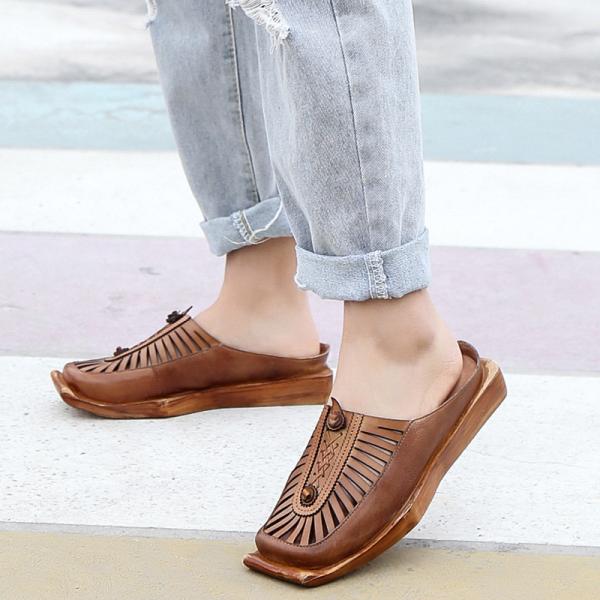 S244 Ethnic style square head casual Baotou sandals handmade leather hollow single shoes women's shoes