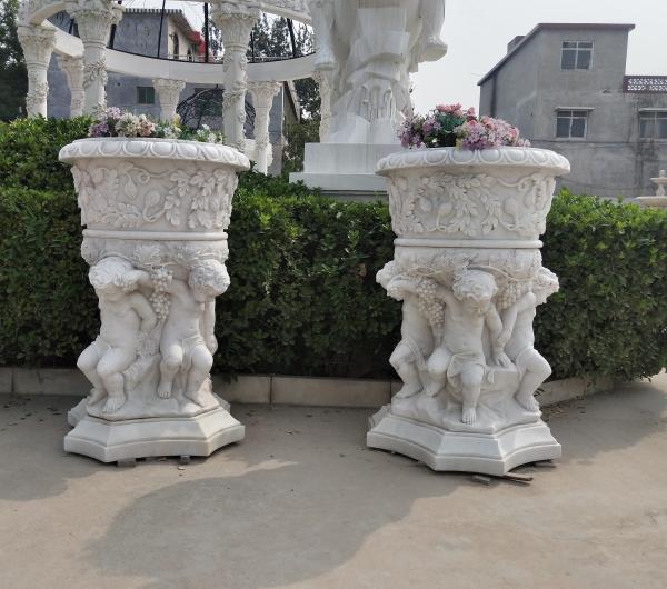 Outdoor Marble planter stone carved flowerpot sculpture,garden stone garden statues supplier