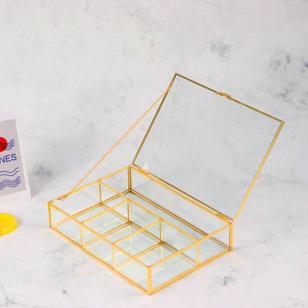Glass cosmetic storage box lid desktop jewelry accessories beads organizer lipstick compartments shelving tray box