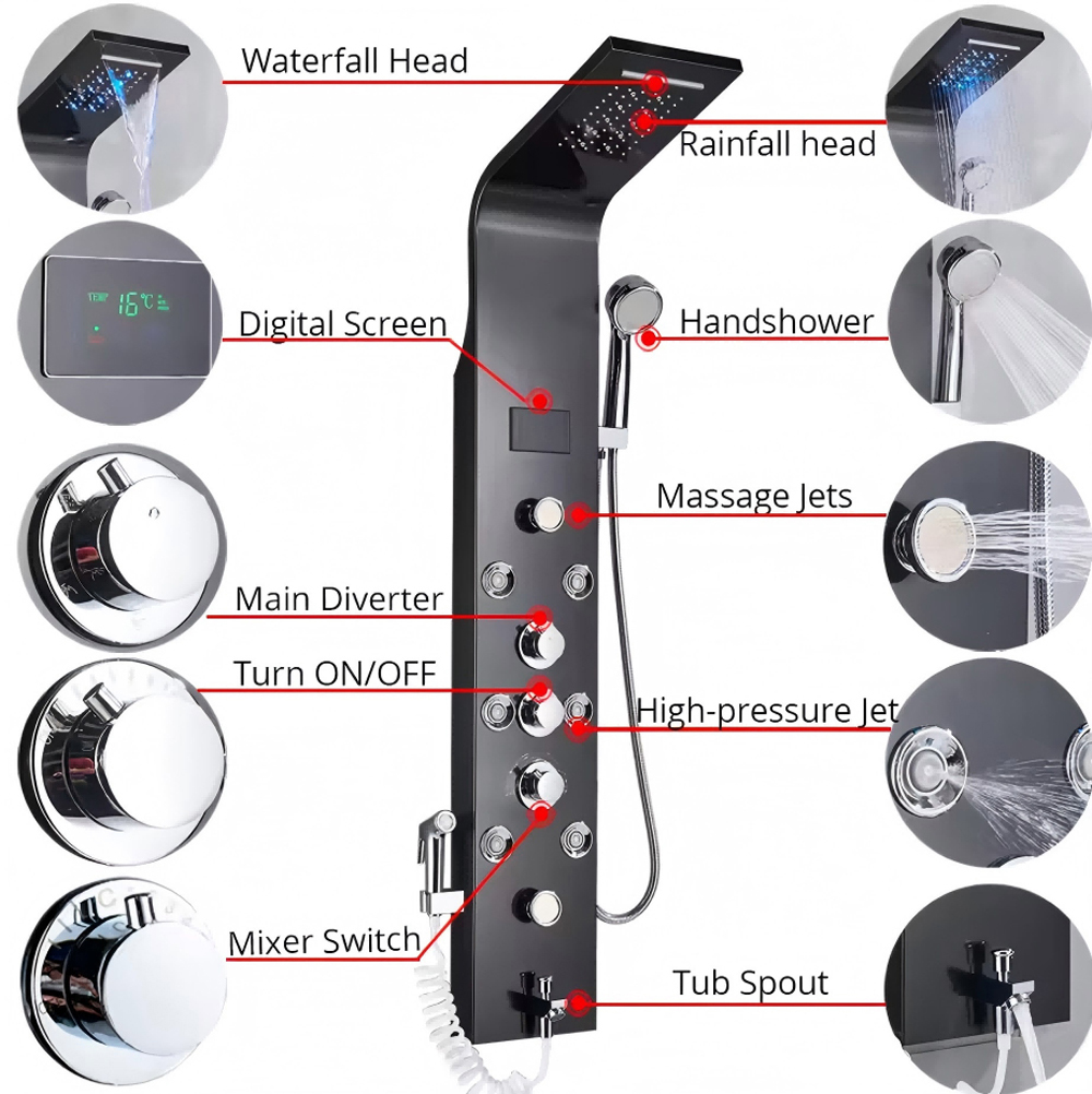 Modern Stainless Steel Luxury Bathroom Shower Panel 6-Spray Rain Shower with LED light & digital screen