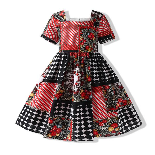 Summer Childern'S Clothing Girls Short Sleeve Dress Polka Dot Striped Print Splicing