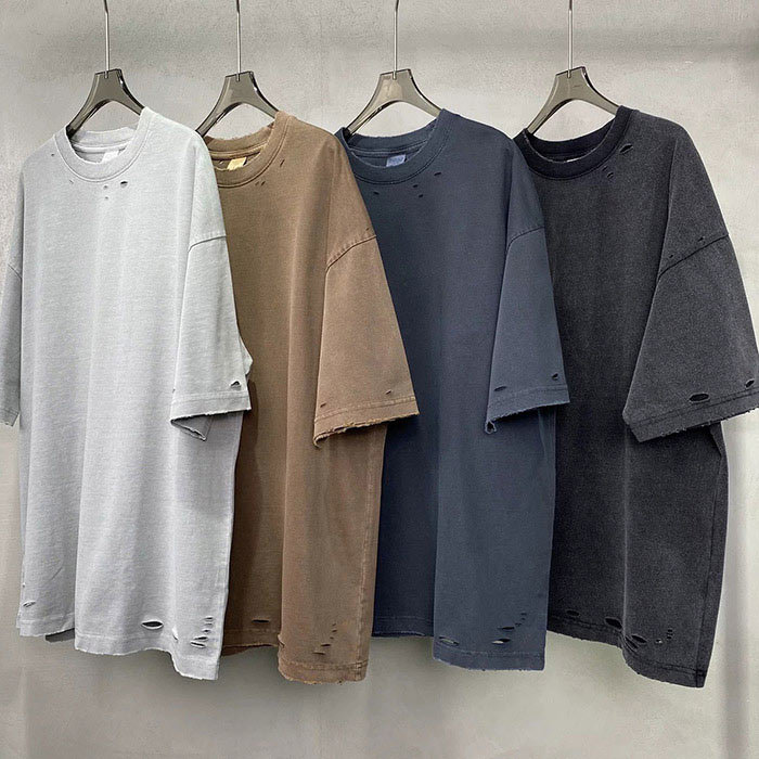 Ripped Wash Basic Crew Neck Tee Grunge Loose Fit T Shirt 275GSM
