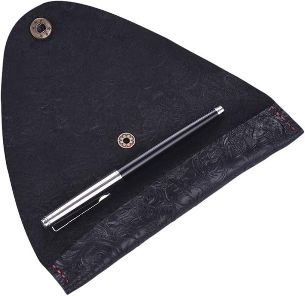 Vintage Handmade Leather Single Pen Case Holder Cowhide Fountain Pen Sleeve Roll Wrap Pen Pouch (Black Carved)