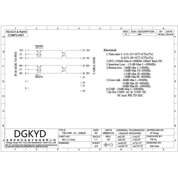 100 Magnetics модульный Джек мегабита RJ45, одиночный гаван кабельный соединитель Rj45 сети