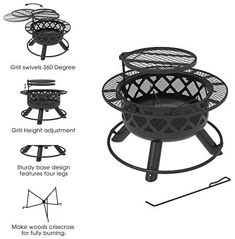Outdoors Steel Wood Burning Fire Pit Backyard With Cooking Grill 32in 24in