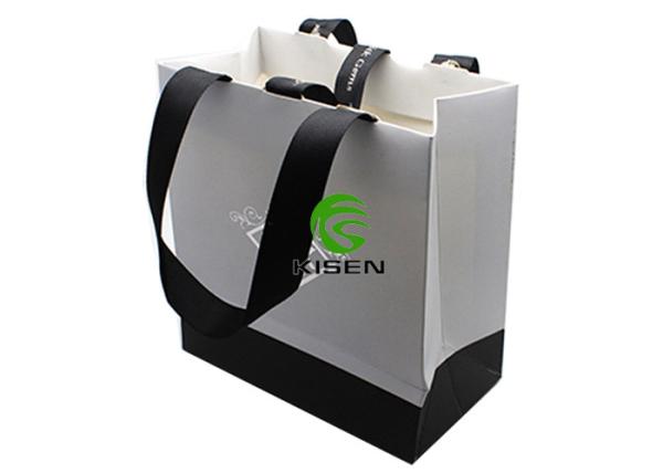 150 * 160 * 80mm Recycled Coated Paper Bags , Black / White Retail Bags With Logo