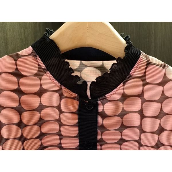 Women's Chic Printed Pleated Chiffon Top Beautiful Lace Stand-Up Collar Three-Quarter Sleeve Loose Casual Outerwear for