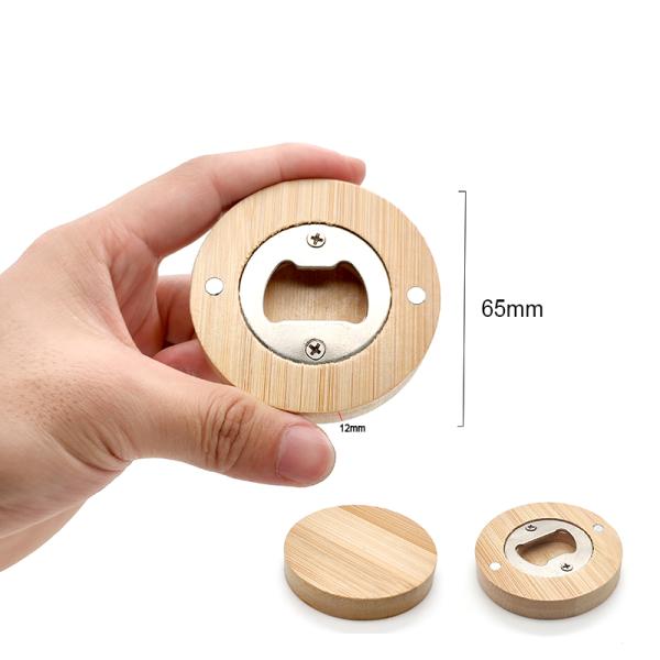 Magnetic Bamboo Metal Bottle Opener - Round Wooden Fridge Magnet